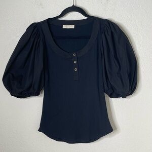 Ulla Johnson Puff Sleeve Top Size Small Black 1/4 Snaps Ribbed body